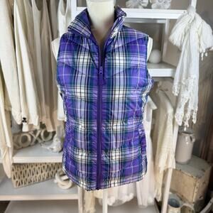 Lands’ End sz. XS purple plaid puffer vest, mature, layering office 4373